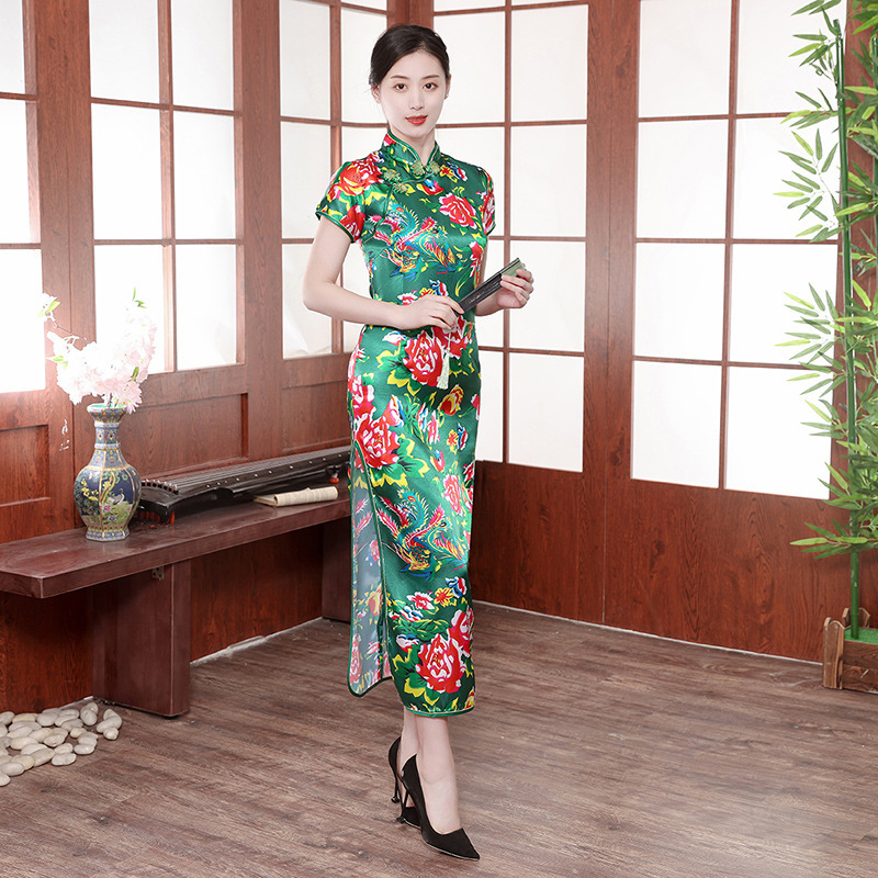 Large floral cloth improved high slit cheongsam mid-length summer new slim fit slimming mom dress cheongsam dress plus size Large floral cloth improved high slit cheongsam mid-length summer new slim fit slimming mom dress cheongsam dress plus size