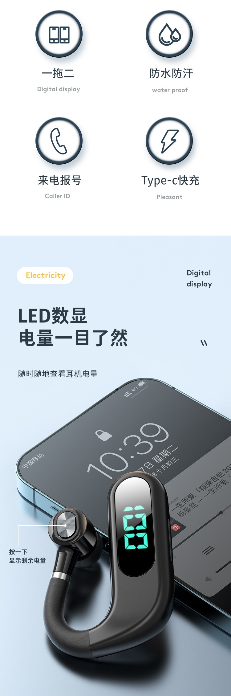 Bluetooth Headset with Super Long Standby Life 2025 New Wireless Single-Ear Ear-Hook Driver High-Definition Call