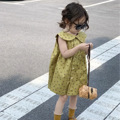 女童連衣裙2024夏裝童裙兒童芥末綠波點翻領背心裙童裝公主裙禮服