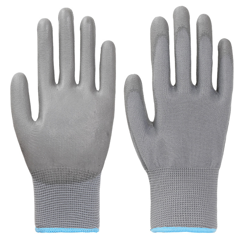 灰色PU尼龙涂掌涂层手套劳保手套胶皮工地手套园林电工作手套批发