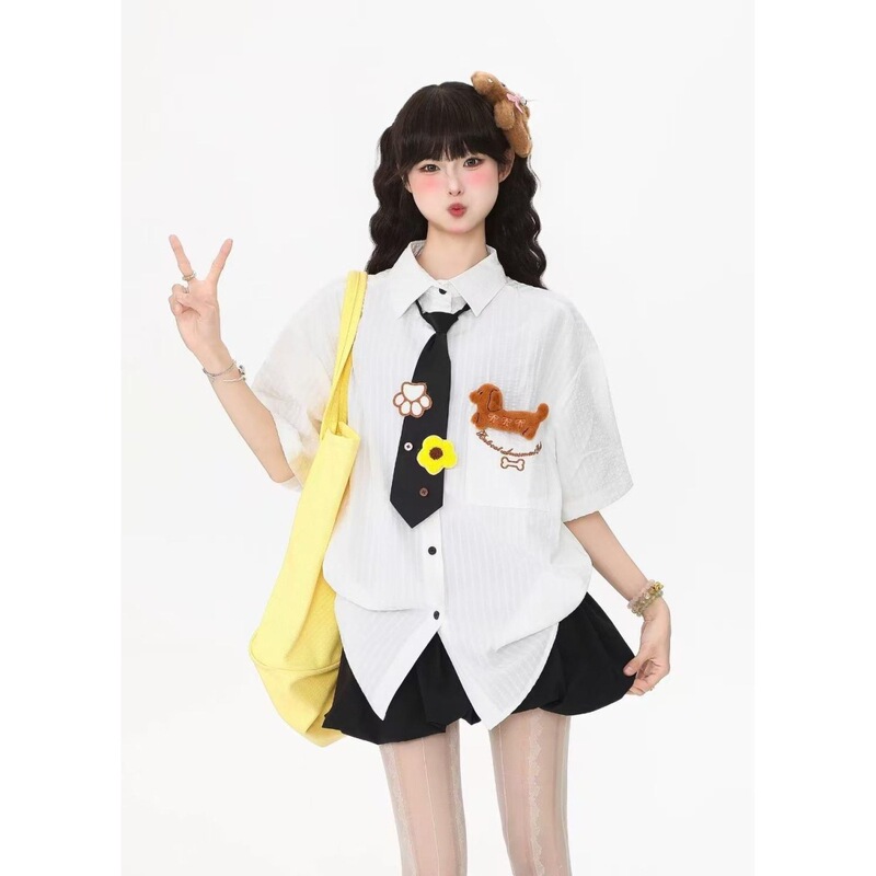 College Style Couple's Plaid Summer New Puppy Embroidered Tie Striped Shirt Short-Sleeved Loose Versatile Shirt