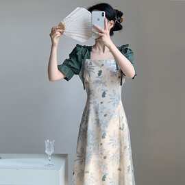 2024夏季森系新款复古国风中式连衣裙两件碎花撞色拼接气质裙子