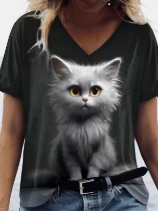Amazon 2025 Bestselling Women's European and American Clothing V-Neck T-Shirt with Small Animal Print, Casual and Fashionable V-Neck Short-Sleeve