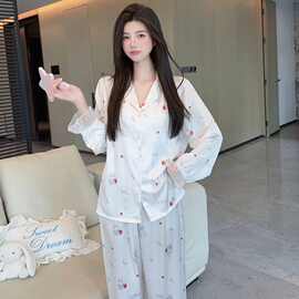 2026春秋季女睡衣新款冰雪丝开衫长袖长裤卡通甜美可爱套装带胸垫