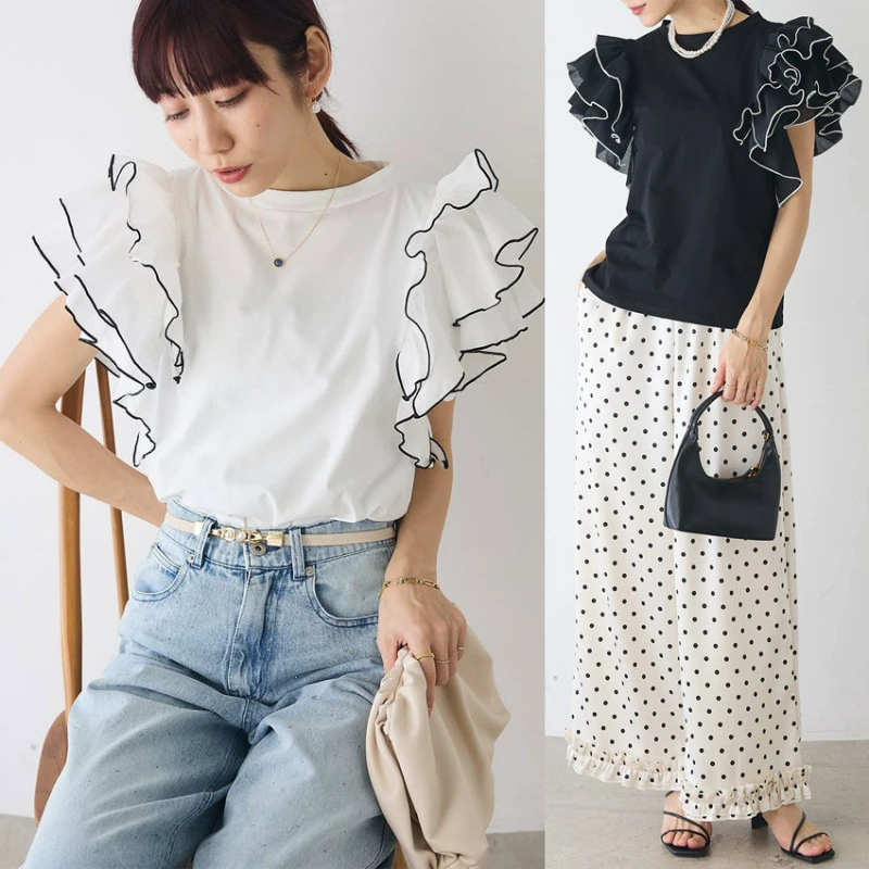 Маленькая внешняя торговля модель 2025 весна и лето новая дикая тонкая футболка высокого класса летающие рукава модный дышащий топ