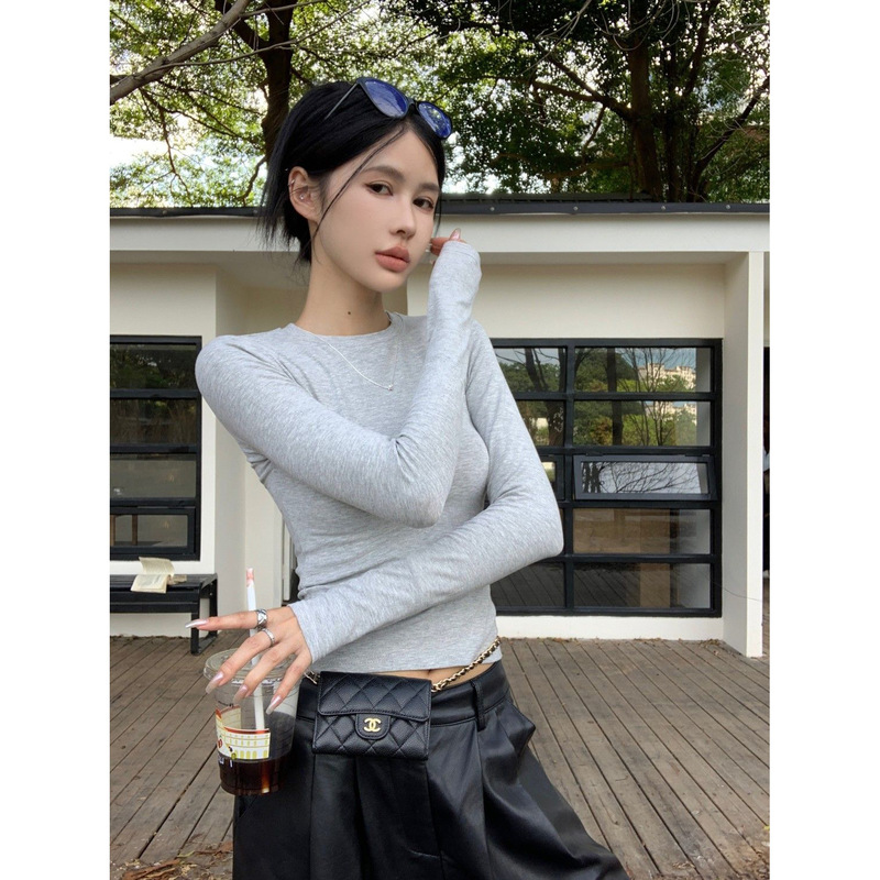 黑色长袖T恤女外贸新款修身显瘦百搭打底衫女装百搭辣妹掐腰上衣|undefined