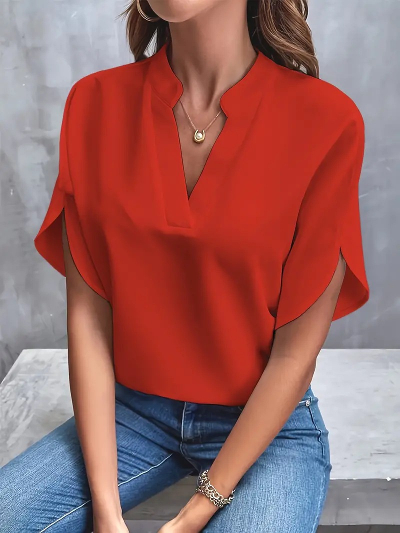 2024 Cross-Border European And American Foreign Trade Women's Summer Casual Short-Sleeve Solid Color V-Neck Loose_ecoleips.com