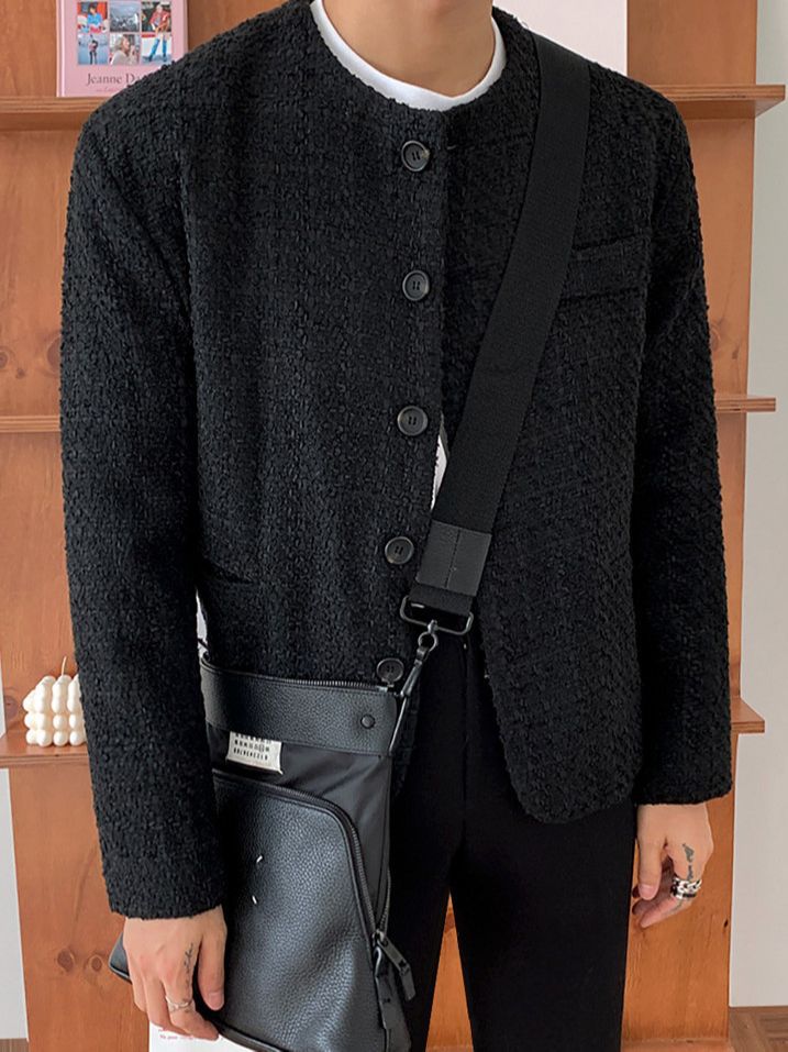 Chanel estilo de los hombres sueltos casual sin cuello chaqueta primavera y otoño estilo coreano de moda Delgado cuello redondo de manga larga chaqueta de los hombres