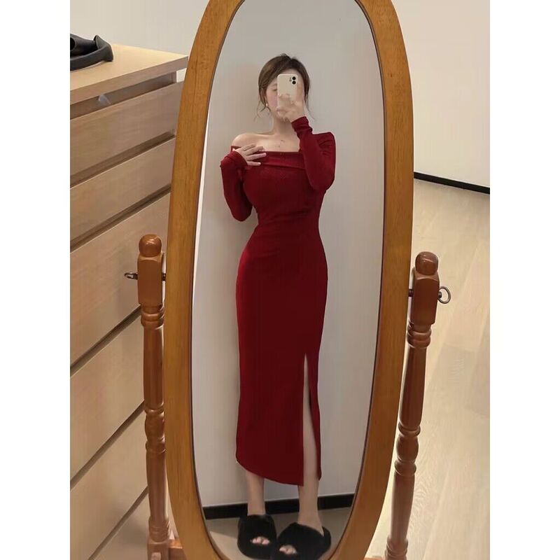 Red Open Shoulder Split dress Women's Spring and Autumn New High-end Temperament Tight Waist Slimming Slim-fit Mid-length Skirt