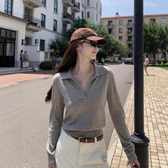 灰色POLO领针织衫女秋冬韩系穿搭修身内搭打底衫巨好看的长袖上衣