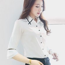金韩白衬衫女长袖七分喇叭袖韩版职业工装修身工作服大码衬衣包邮