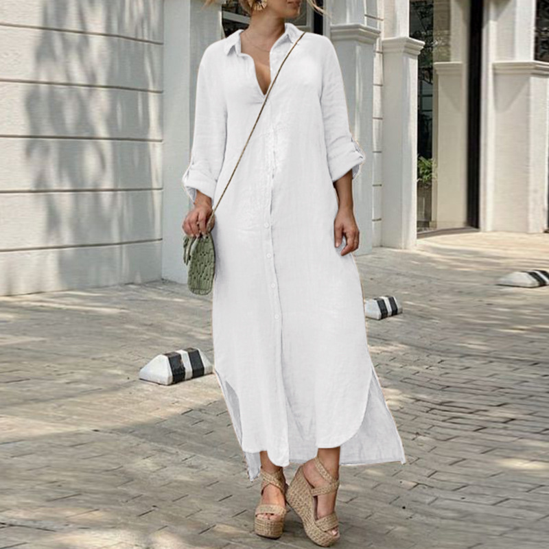 Independent Station Wish European And American New Shirt Collar Cotton Linen Button Long Dress_voghion.com