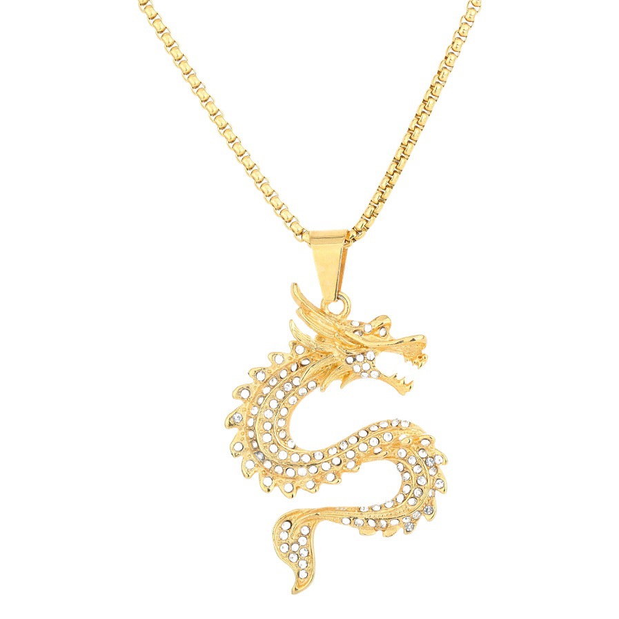 Europeo y Americano transfronterizo Hip Hop Nuevo doce Zodiaco dragón colgante de estilo chino chapado en oro completo diamante colgante hombres y mujeres suéter cadena