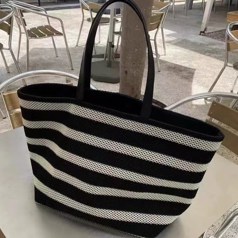High-grade Black and White Striped Tote Bag Woven Large Capacity Shoulder Women's Bag Lazy Style Lightweight Holiday Bag Shopping Bag High-grade Black and White Striped Tote Bag Woven Large Capacity Shoulder Women's Bag Lazy Style Lightweight Holiday Bag Shopping Bag