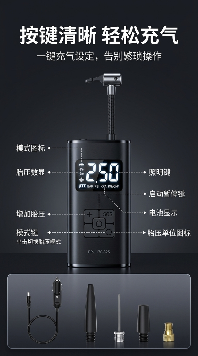 Cross-Border Smart Car Wireless Air Pump, Motorcycle Automatic Start-Stop, Multi-Accessory Digital Display Car Air Pump