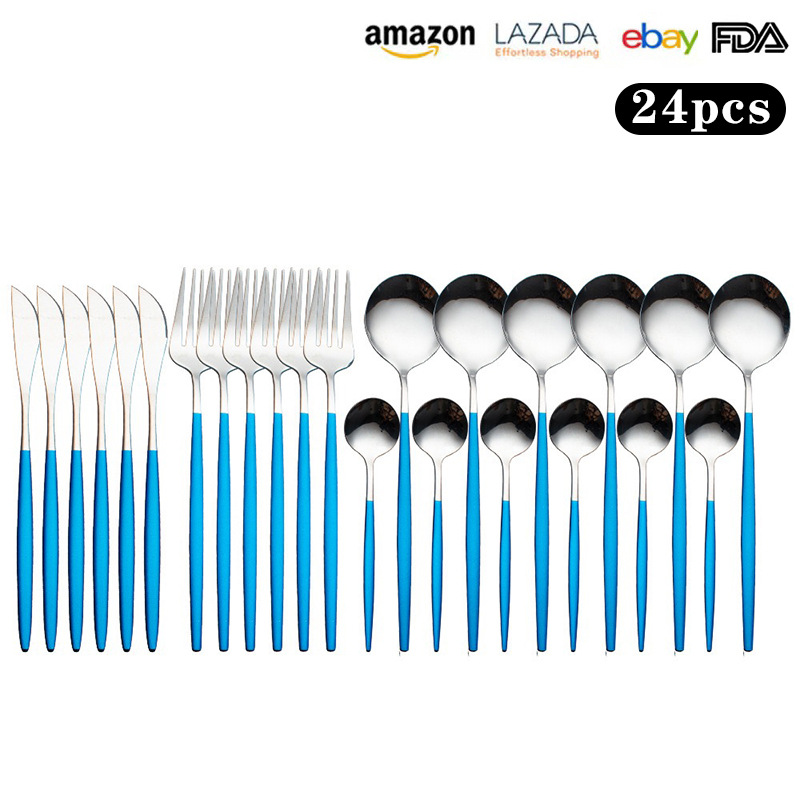 Transfronterizo de Amazon 24 piezas de acero inoxidable traje de vajilla Portugués Occidental cuchillo de carne, tenedor y cuchara de titanio chapado en oro cuchara