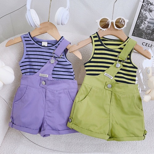 Korean-style girl's strap pants set  summer new sleeveless striped top little girl shorts two-piece set