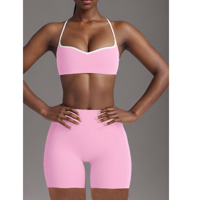 Procesamiento personalizado OEM comercio exterior europeo y americano transfronterizo belleza espalda deporte contraste color sujetador melocotón cadera alta cadera elástica pantalones de yoga