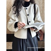 圆领正肩短款双面毛呢大衣女2024冬季韩版宽松气质小香风毛呢外套