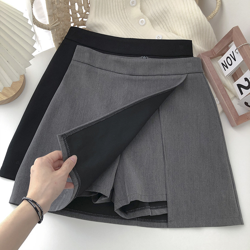 Irregular high waist anti-exposure A- line skirt for women Spring and Autumn Korean style retro versatile slimming solid color wide leg culottes