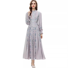 重工刺绣立领复古灯笼长袖杏色礼服连衣裙 欧美女装新款春夏2024