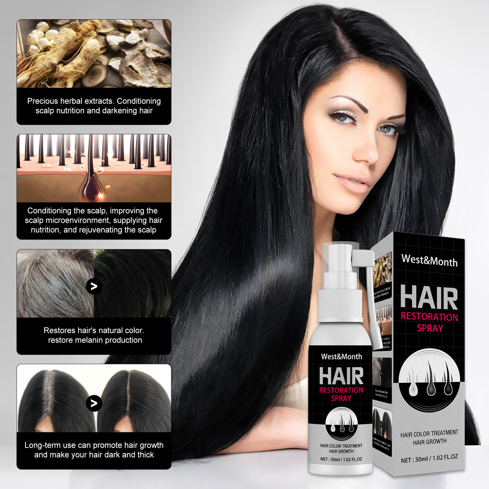 spray West&Month Black Herbal Extract nutriente, idratante e riparatore per capelli annerenti_voghion.com