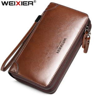 WEIXIER Men's PU Leather Clutch Bag Large Capacity Double Pull Head Long Wallet High-end Men's Waterproof Handbag