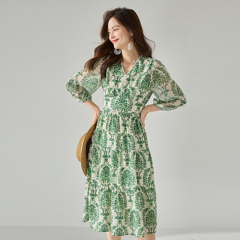 Clearance Summer Floral Elegant French-Style Mid-Sleeve Lightweight Vacation-Style Printed Elastic Waist Mid-Length Dress 22273