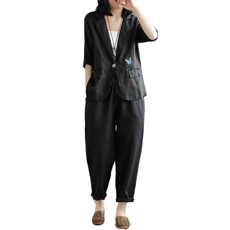 (2개) 봄과 가을 기질 캐주얼 면화와 리넨 나비 자수 세트 유행 카디건 패션 스포츠 세트 대외 무역 도매