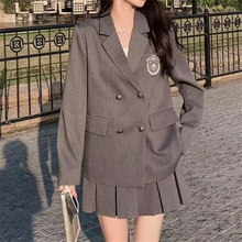 韩系学院风纽扣刺绣西装jk制服套装女春秋小个子百褶裙两件套跨境