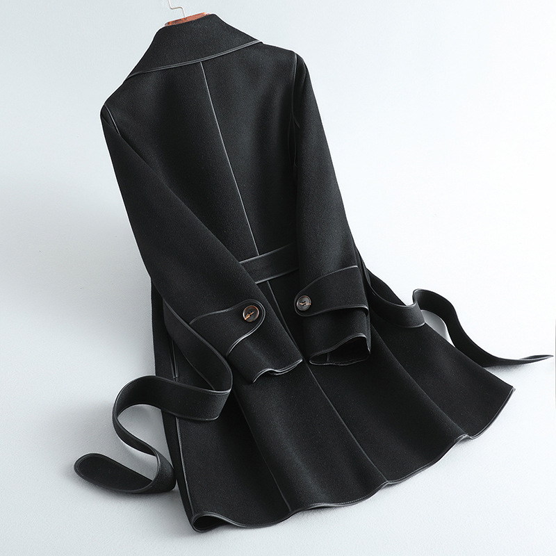 Source factory in stock hot selling 100% wool suit collar edging black simple long belt woolen coat
