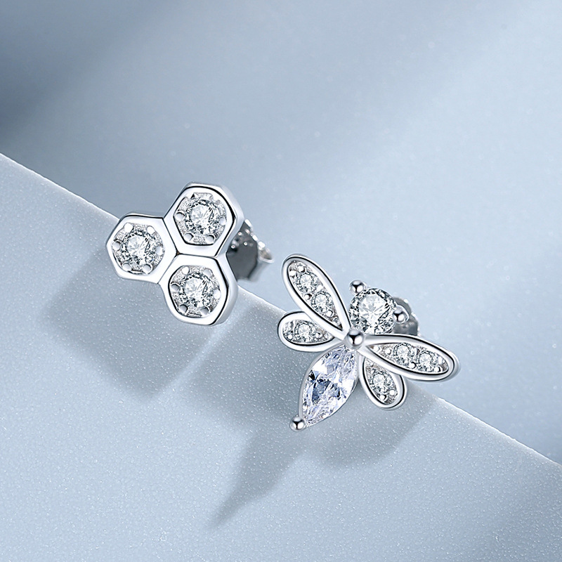 Pendientes de plata esterlina creativa abeja amor miel pendientes de plata aguja niñas asimétrica pendientes 925 al por mayor lindo ins