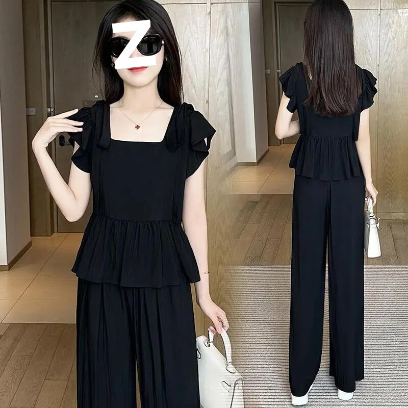 Summer Salt Style Fashion Set for Women 2026 New Popular Small Size Square Neck Top and Wide Leg Pants Two-Piece Set