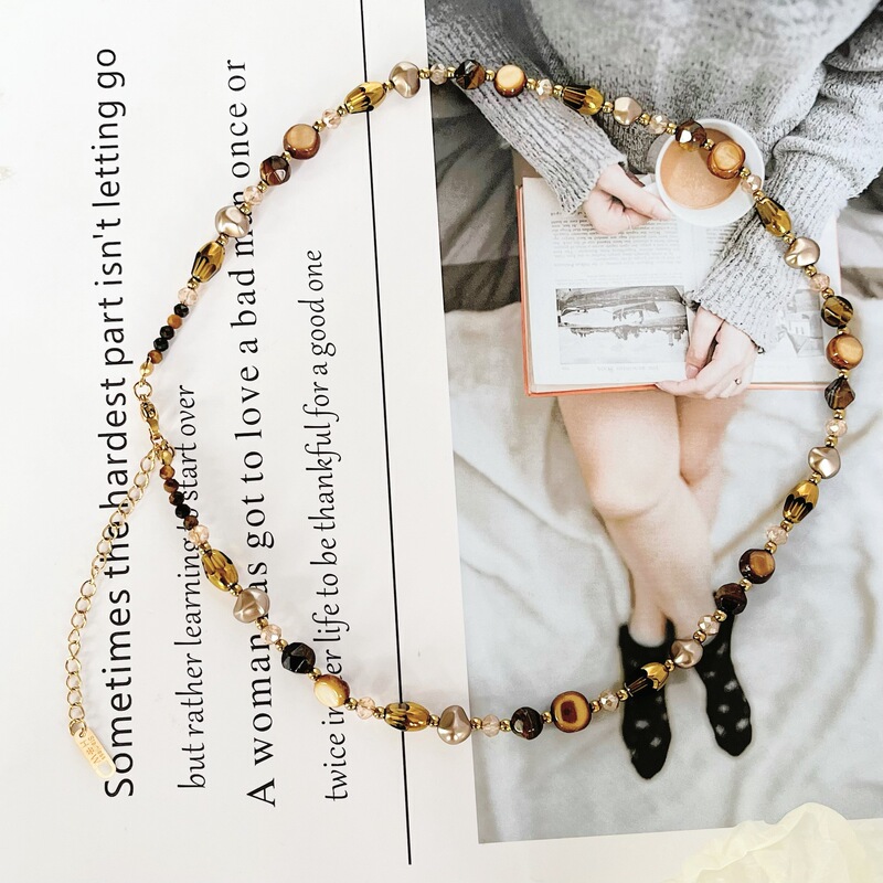 天然石串珠不锈钢项链美拉德虎眼石高级感不掉色叠戴长毛衣链秋冬|undefined