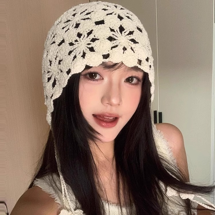 Primavera y verano sombrero de crochet hecho a mano mujer hueco flor transpirable sombrero de pila bordilla dulce lindo sombrero delgado
