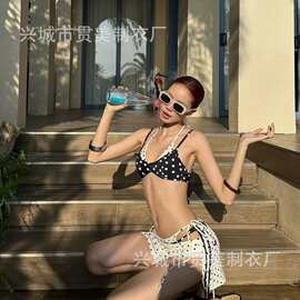 夏季度假辣妹性感比基尼套装波点挂脖背心翻腰短裤三件套裙式泳衣