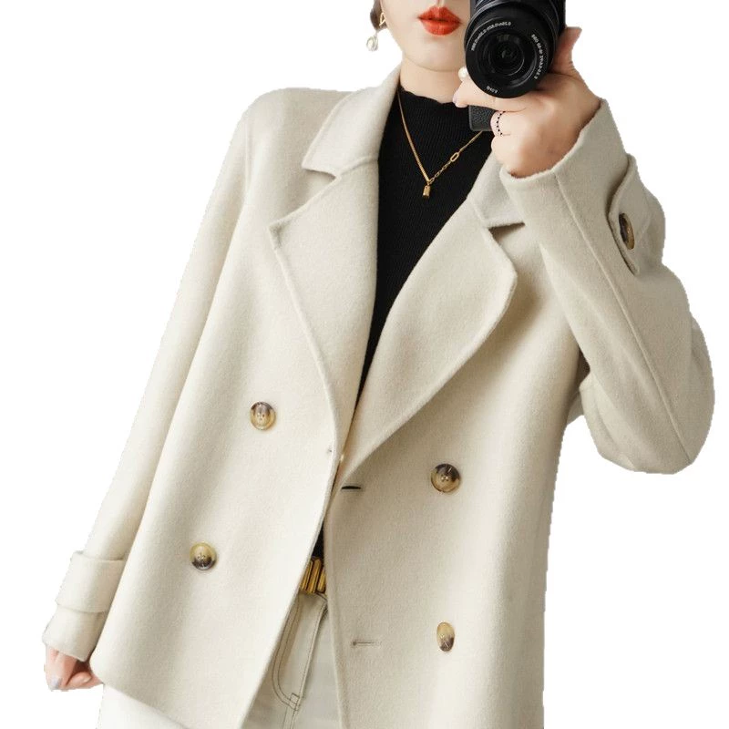 Short woolen coat for teens, loose oversized spring jacket, double‑breasted, S–XL