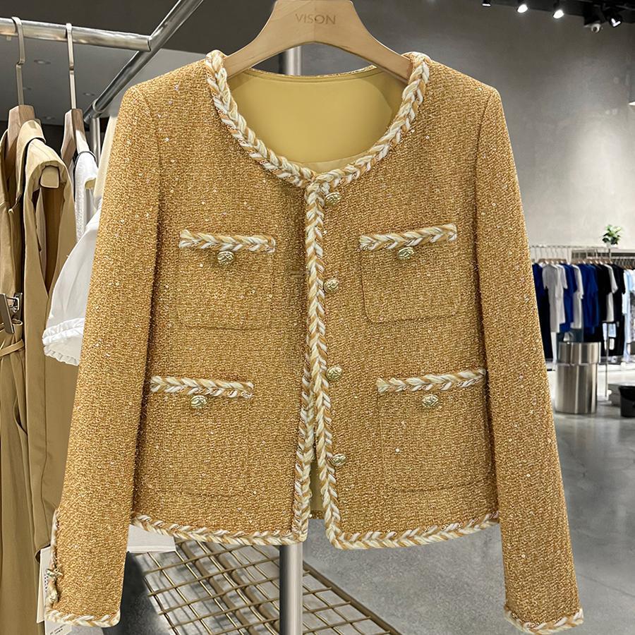 Camel Elegant Ladylike Short Outwear for Women 2025 New Autumn and Winter Golden-Feel Woven Tweed Top