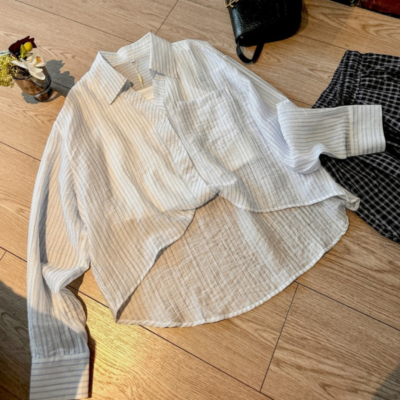 25夏季新款女士清新拼色条纹百搭衬衫polo领长袖休闲衬衣0801d11|undefined