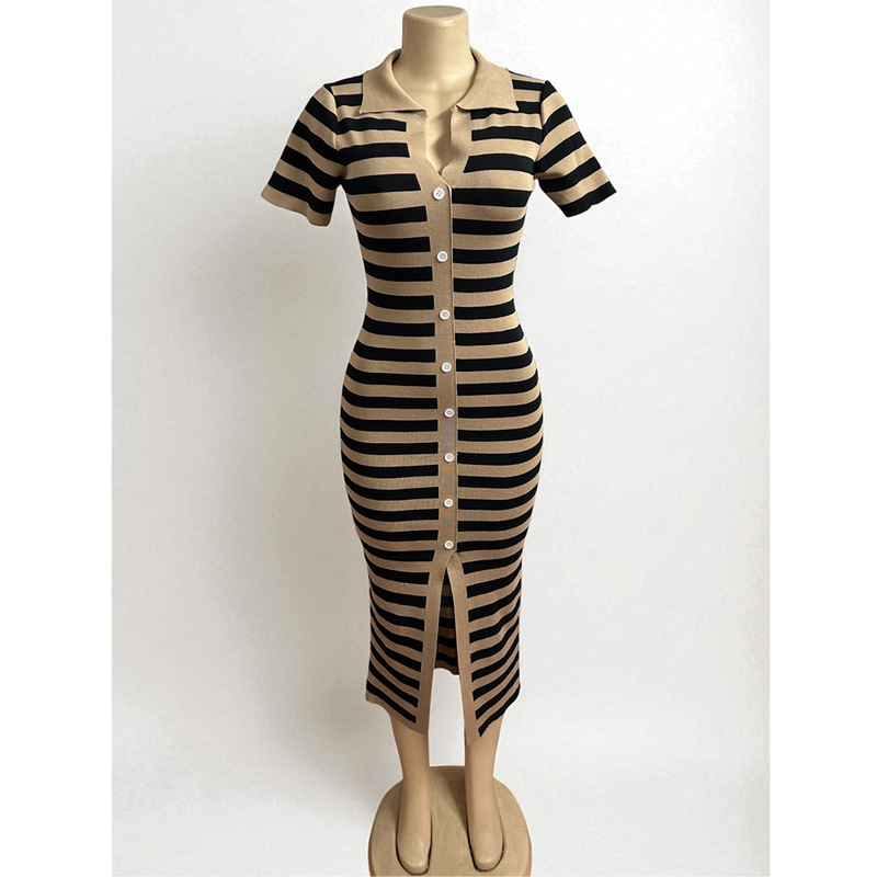 2025 European and American Fashion Women's Black and White Striped Dress New Waist Slimming Lapel Slit Knitted Long Skirt