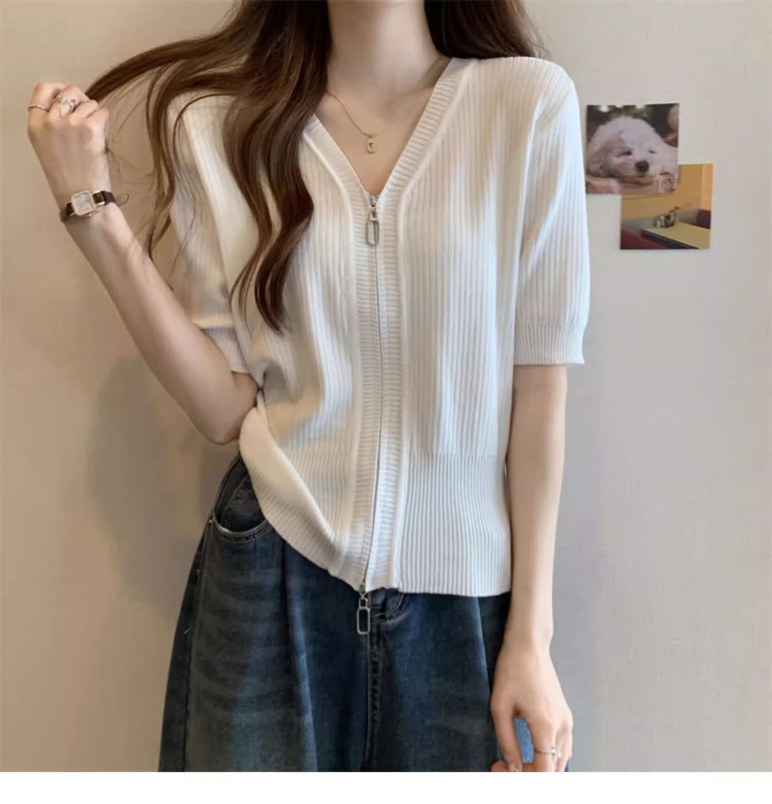 Áo len ngắn tay nữ cỡ lớn phong cách Hàn Quốc, chất liệu lụa mát, có dây kéo, che bụng hiệu quả — Màu đen chi tiết 2