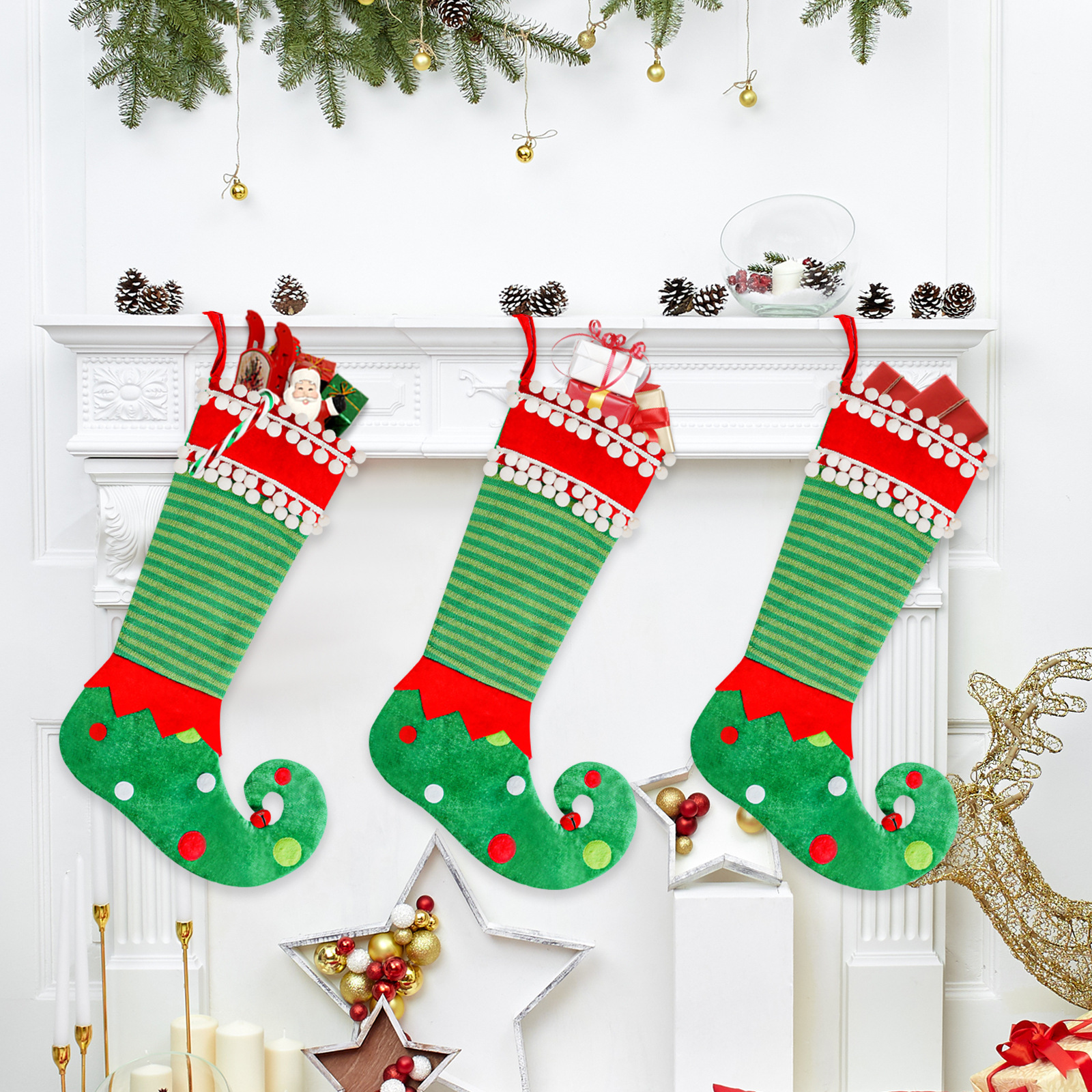 Nuevos calcetines de duende de Navidad Decoración de Navidad verde grandes calcetines de Navidad bolsa de regalo colgante al por mayor