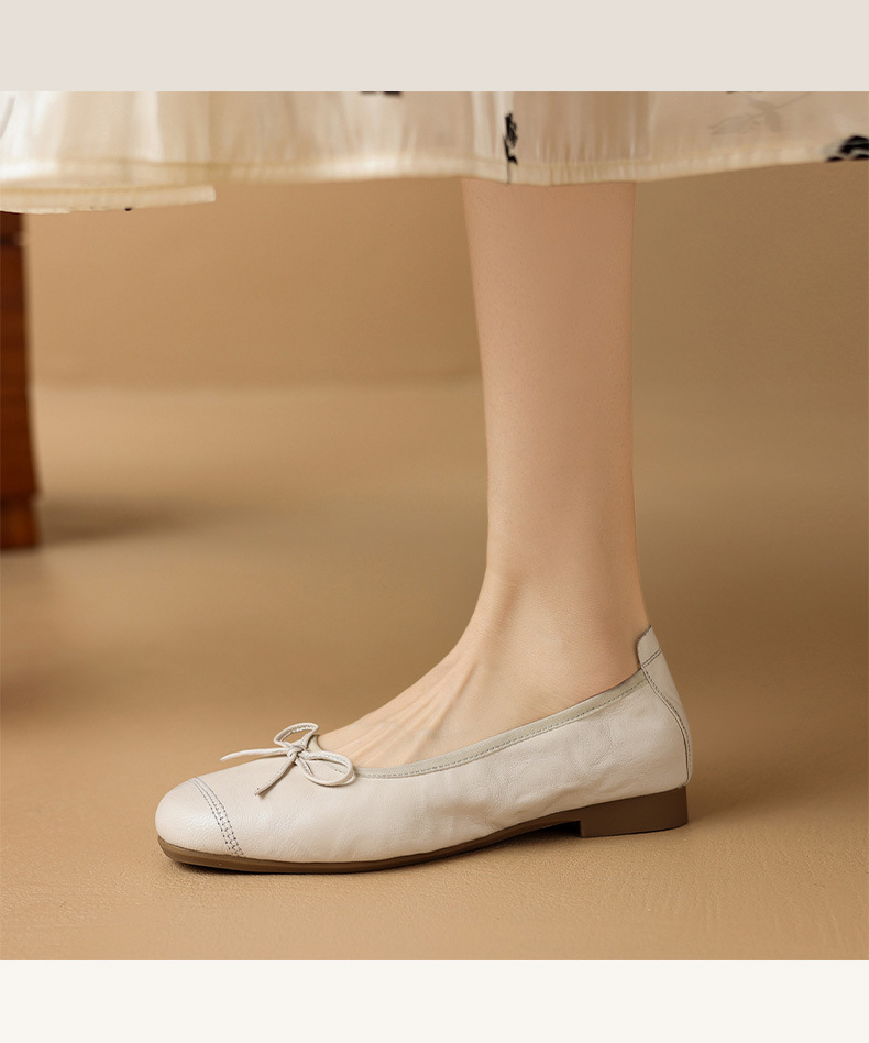 Giày ballet nữ mũi tròn đế bệt da cừu mềm nơ bướm — Màu nâu chi tiết 9