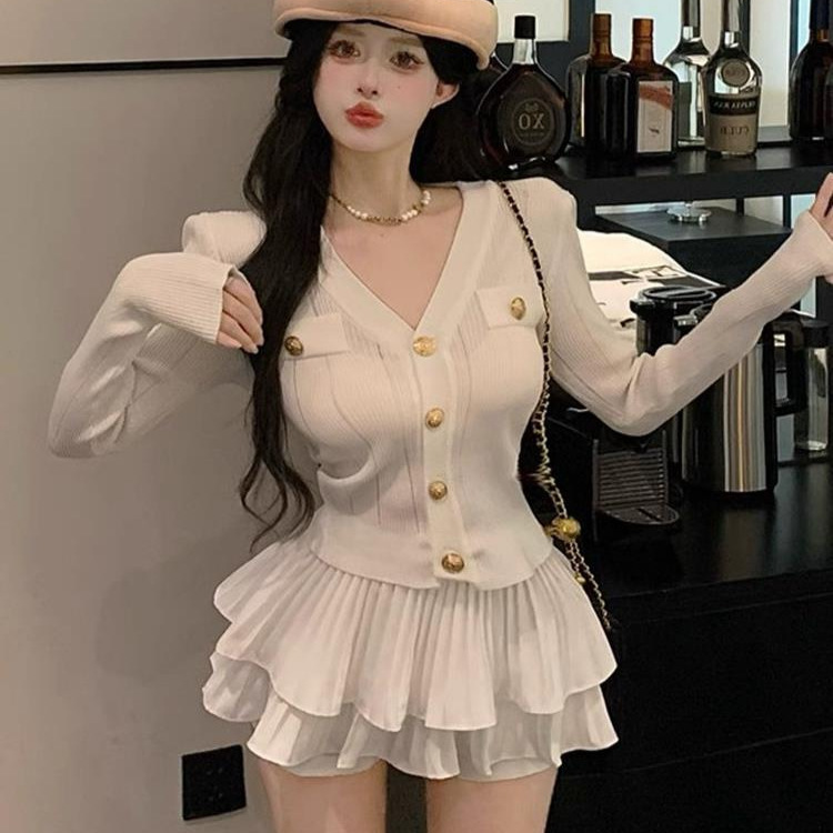 Chanel Style White Pure Slimming Spice Girls suit Women's Autumn Long-sleeved Sweater Top Half Skirt Two-piece Set Chanel Style White Pure Slimming Spice Girls suit Women's Autumn Long-sleeved Sweater Top Half Skirt Two-piece Set