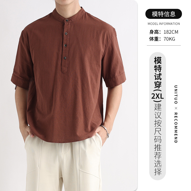 Camisa de hombre de manga corta con cuello Henry de algodón pesado, ropa de hombre suelta, marca de moda de verano para hombre, camisa casual de alta gama, verano para hombre