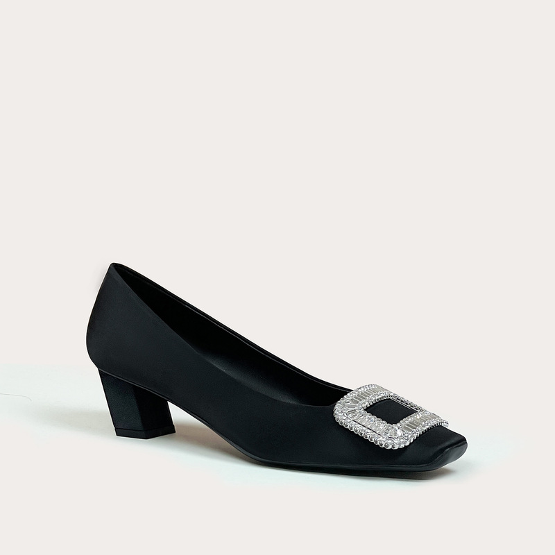 5cm Shallow Mouth Rhinestone Buckle Silk Satin High Heels Square Toe Chunky Heel Professional Shoes Work Shoes Women's Fairy Style