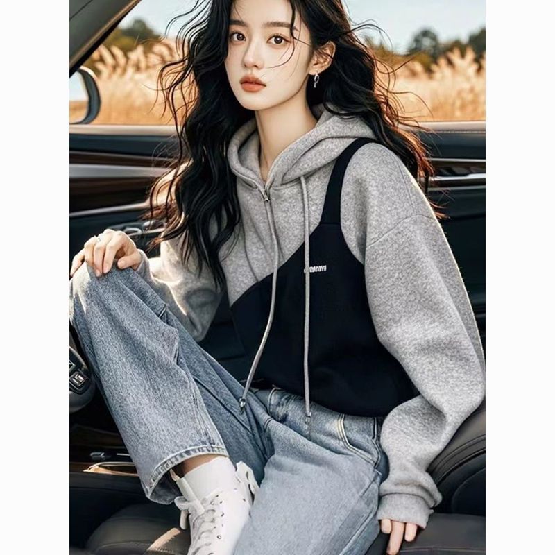 美式慵懒风拼接连帽长袖卫衣女设计感秋冬独特别致超好看撞色上衣|undefined