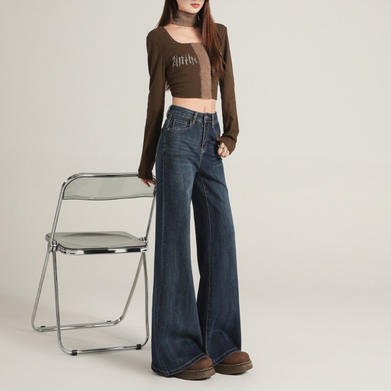 8212 High-Waisted, Non-Tight-Fitting, Slightly Flared Jeans for Women, Autumn and Winter Vintage Style, Slimming, Loose Flared Wide-Leg Pants