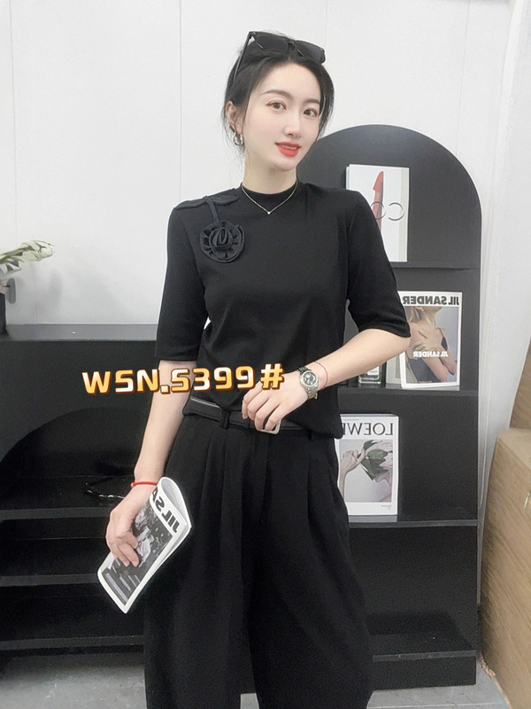 2025秋季新款花朵设计套头中袖女打底衫上衣纯色T恤5399|undefined