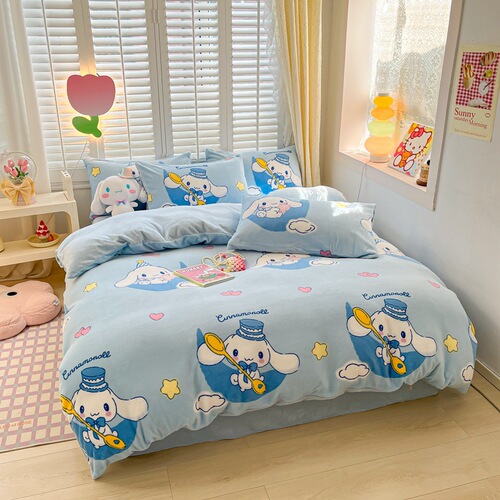 Nantong Home Textiles Sanrio cartoon milk velvet bed four-piece set winter thickened coral velvet three-piece set Kuromi
